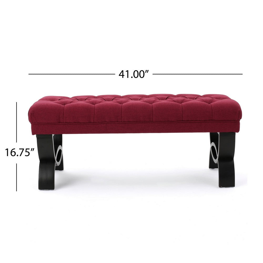 Benjara Riam Ottoman Bench, 41 Inch, Button Tufted, Rounded Wood Legs, Red