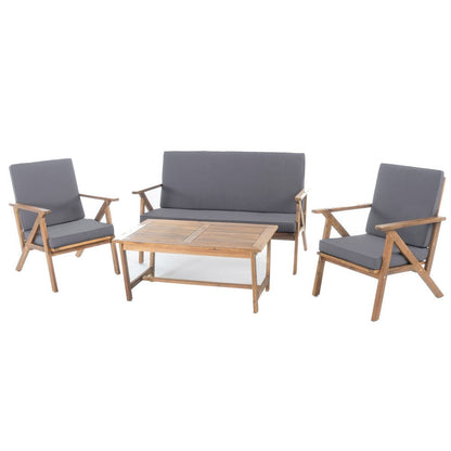 Benjara Namm 4pc Outdoor Table, Chairs, Loveseat Set, Brown Acacia Wood, Gray
