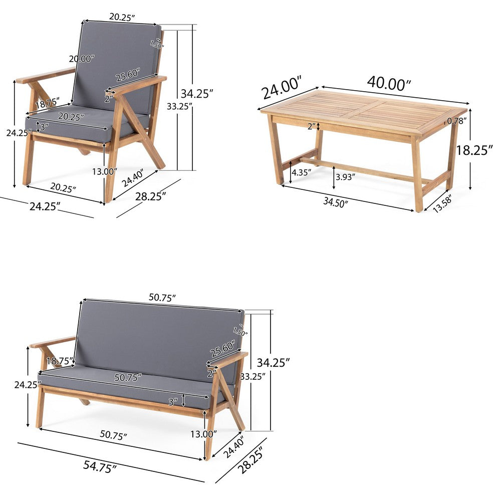 Benjara Namm 4pc Outdoor Table, Chairs, Loveseat Set, Brown Acacia Wood, Gray