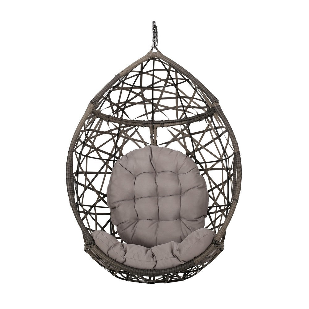 Benjara Tubo Outdoor Hanging Basket Chair, Egg Shape, Gray Rattan Woven