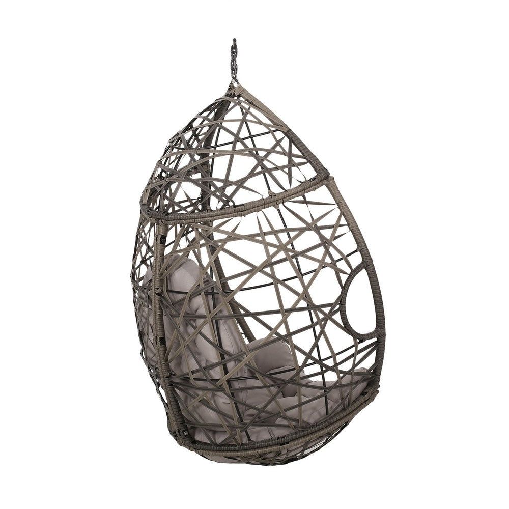 Benjara Tubo Outdoor Hanging Basket Chair, Egg Shape, Gray Rattan Woven
