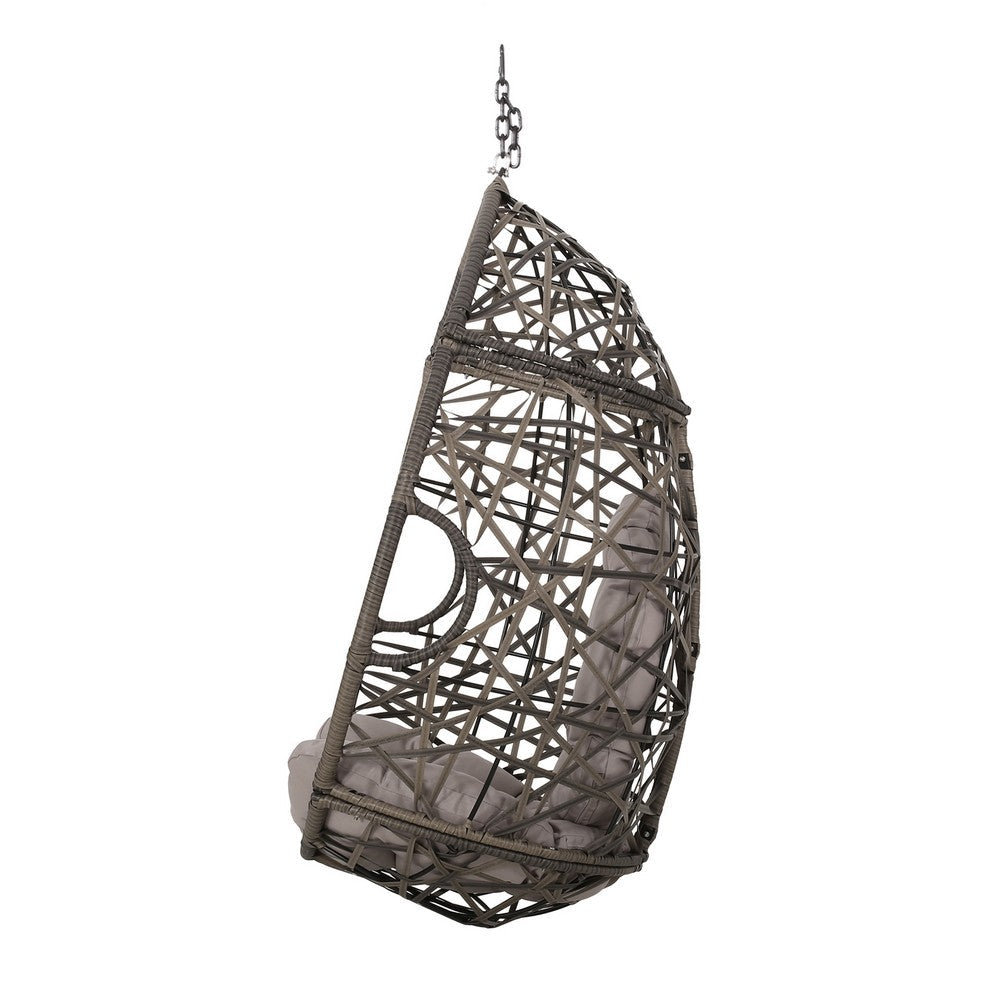 Benjara Tubo Outdoor Hanging Basket Chair, Egg Shape, Gray Rattan Woven