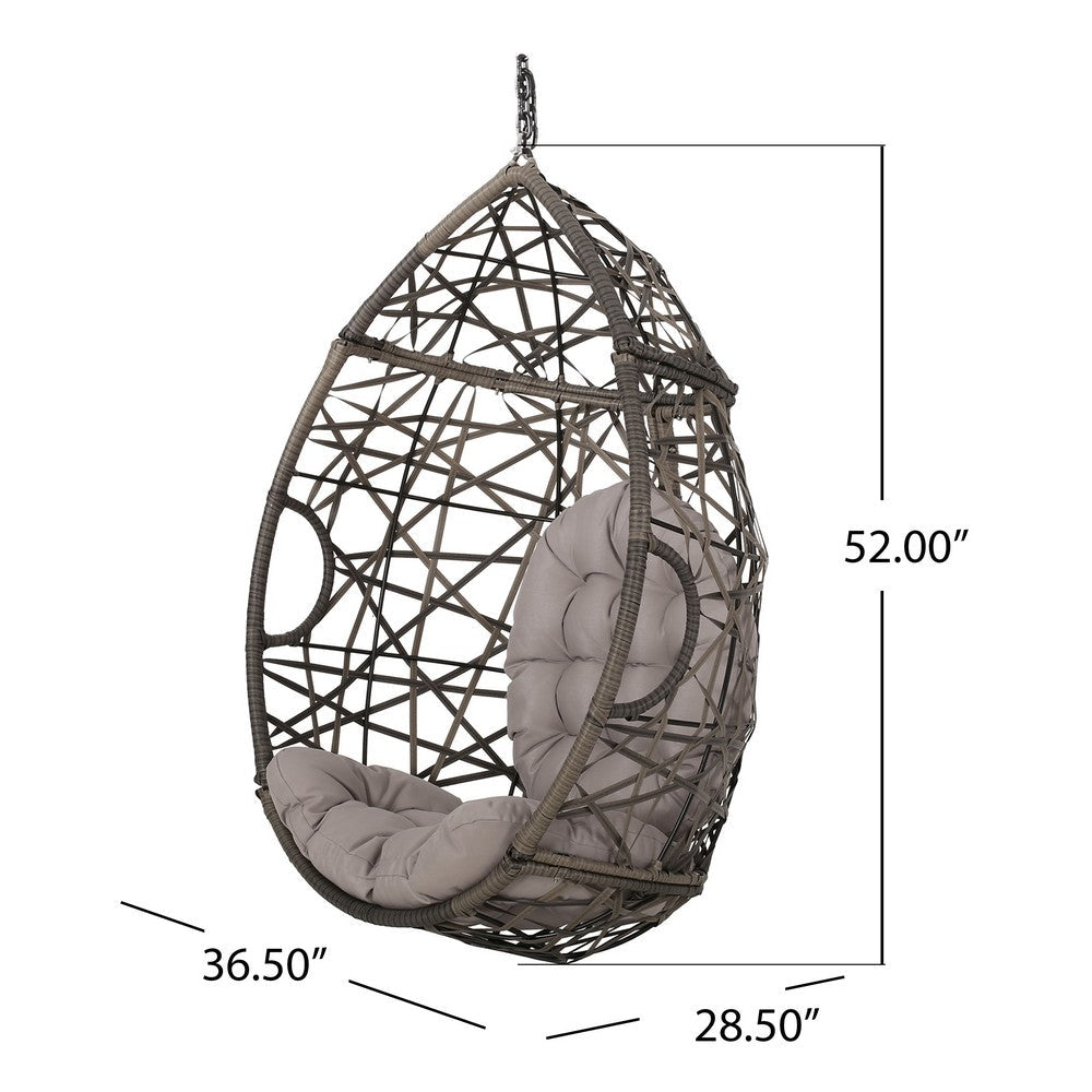 Benjara Tubo Outdoor Hanging Basket Chair, Egg Shape, Gray Rattan Woven