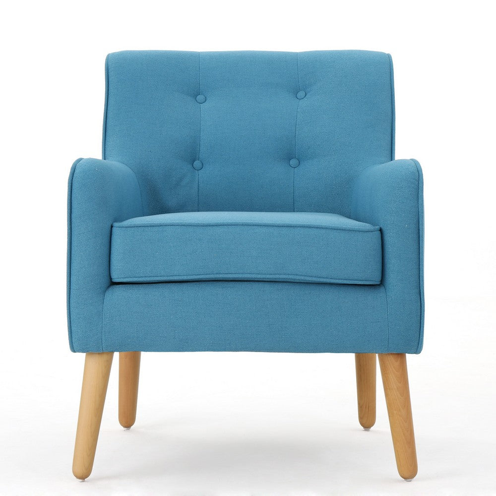 Benjara Tilo Accent Lounge Armchair, Blue Fabric, Splayed Birch Wood Legs
