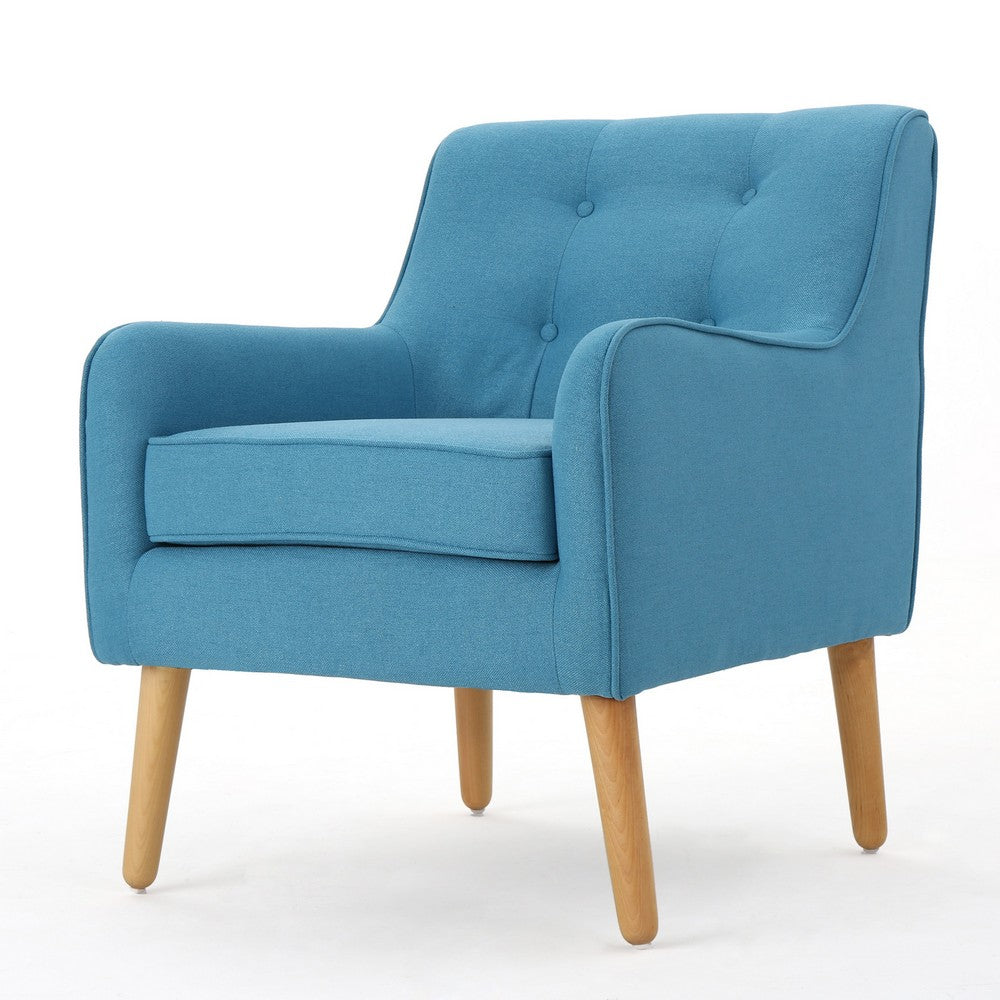 Benjara Tilo Accent Lounge Armchair, Blue Fabric, Splayed Birch Wood Legs