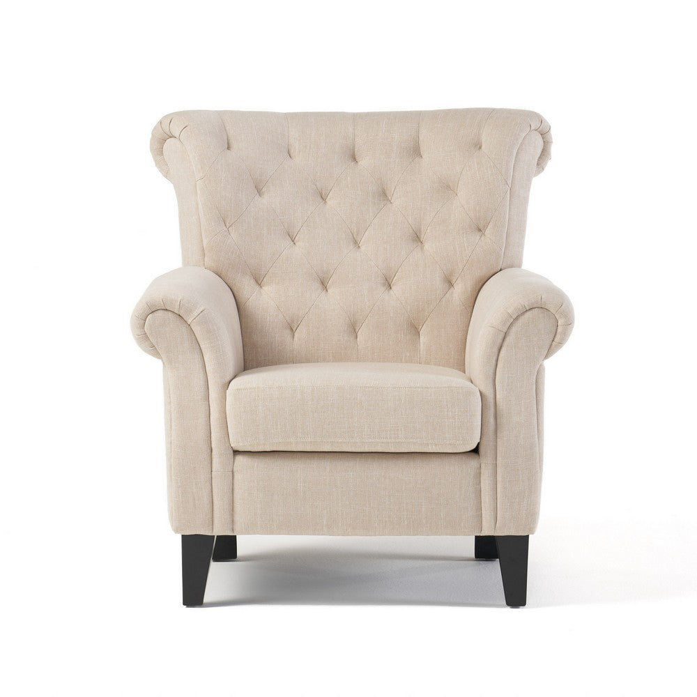 Benjara Koni Accent Armchair, Button Diamond Tufted, Rolled Arms, Beige Fabric