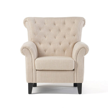 Benjara Koni Accent Armchair, Button Diamond Tufted, Rolled Arms, Beige Fabric