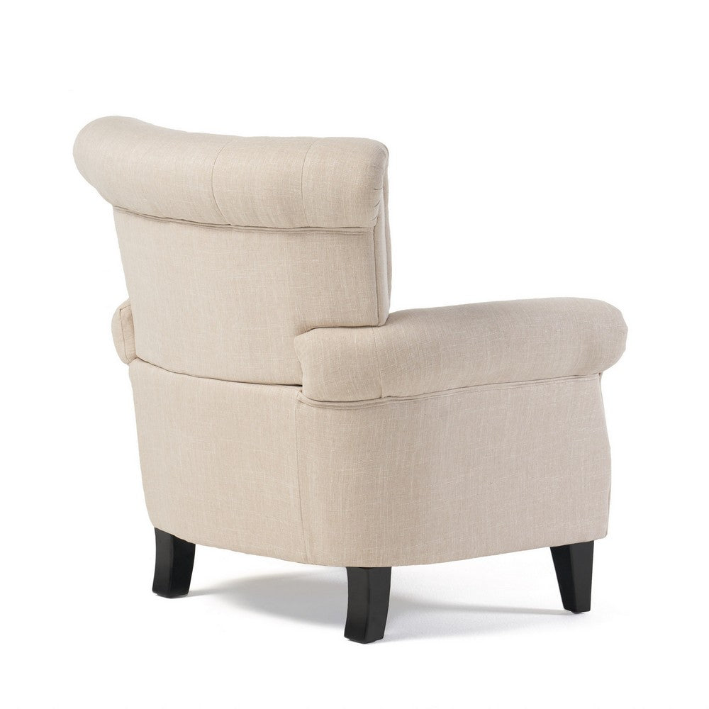 Benjara Koni Accent Armchair, Button Diamond Tufted, Rolled Arms, Beige Fabric