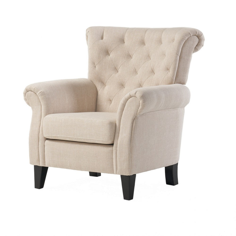 Benjara Koni Accent Armchair, Button Diamond Tufted, Rolled Arms, Beige Fabric