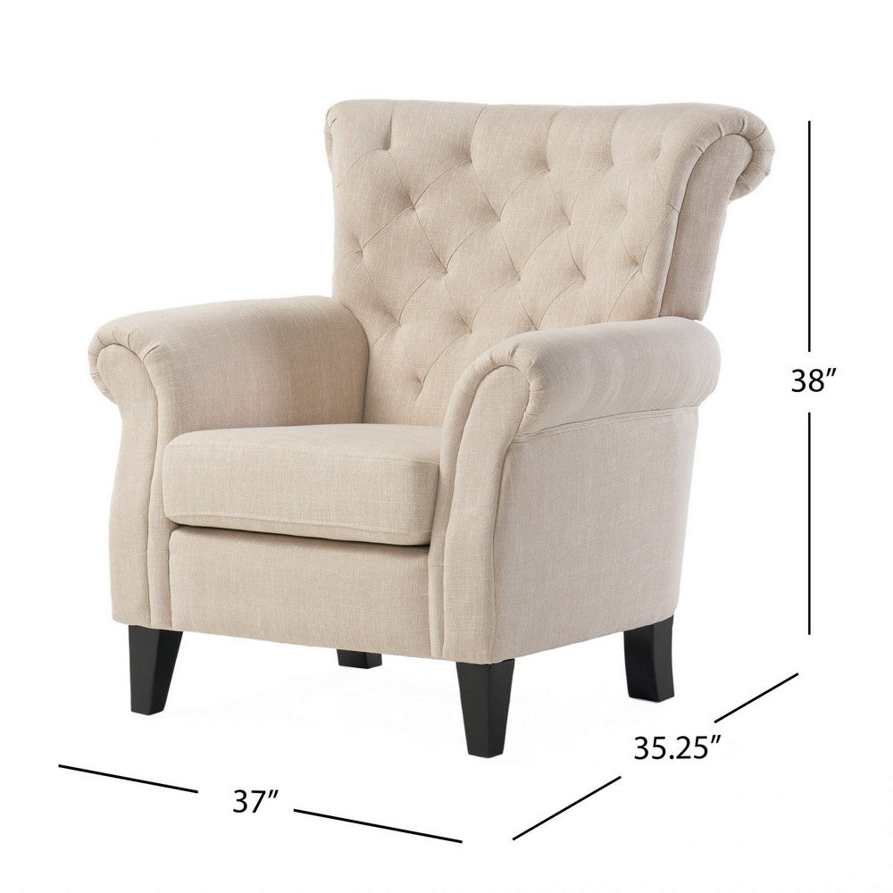 Benjara Koni Accent Armchair, Button Diamond Tufted, Rolled Arms, Beige Fabric