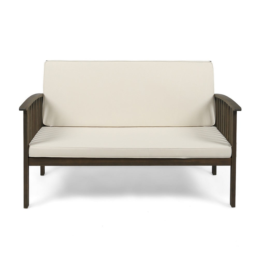 Benjara Gerry Outdoor Loveseat, Slat Panel Design, 53 Inch, Ivory Cushions