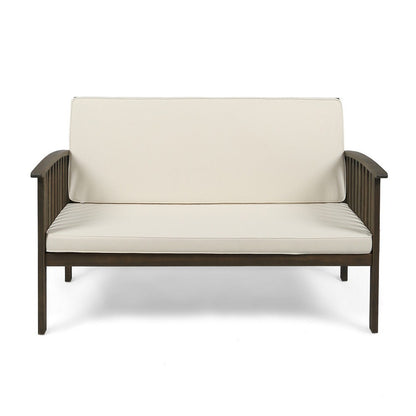 Benjara Gerry Outdoor Loveseat, Slat Panel Design, 53 Inch, Ivory Cushions