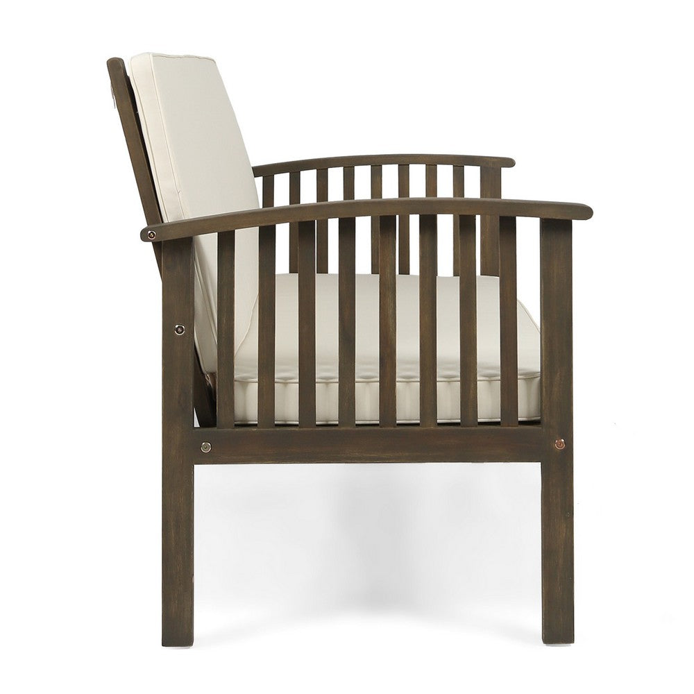 Benjara Gerry Outdoor Loveseat, Slat Panel Design, 53 Inch, Ivory Cushions