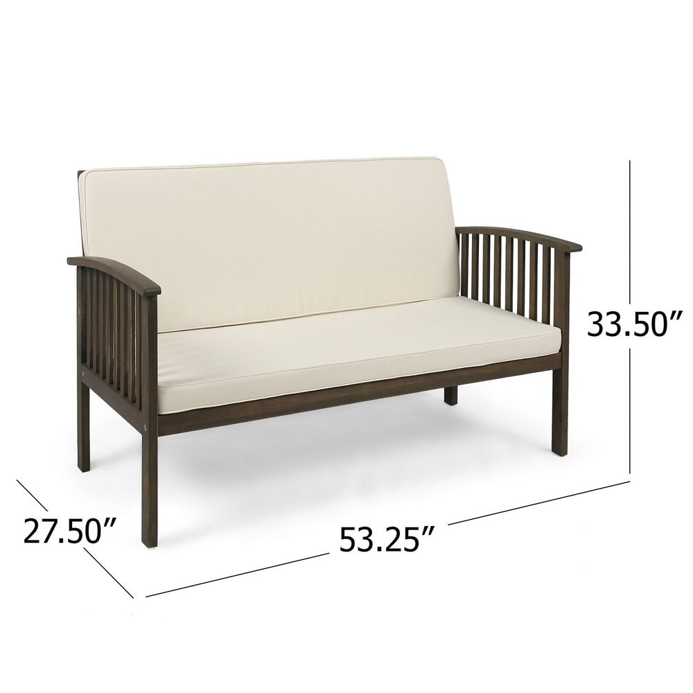 Benjara Gerry Outdoor Loveseat, Slat Panel Design, 53 Inch, Ivory Cushions