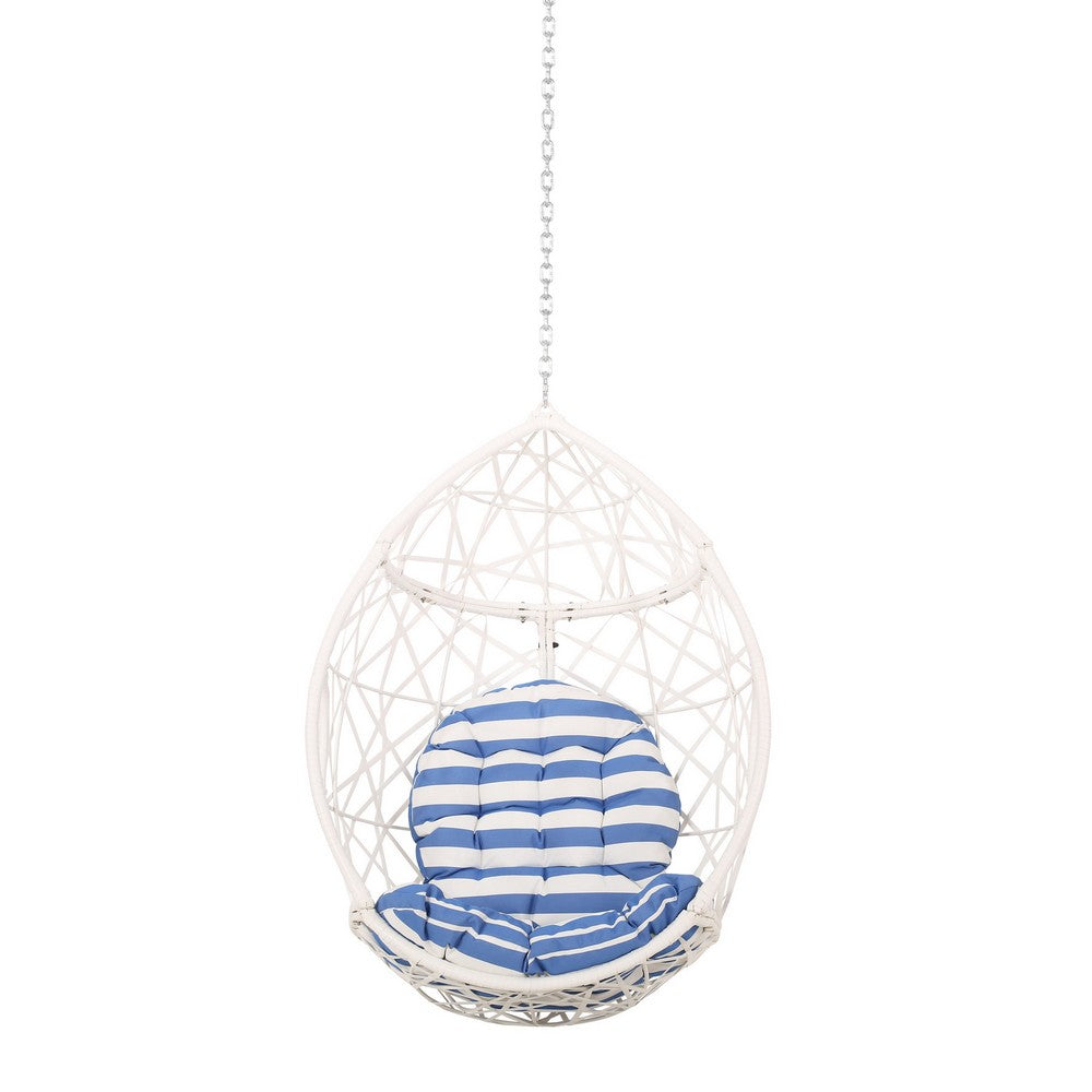 Benjara Kiwi Hanging Basket Chair w Chain, Egg Shape, Rattan Weaving, White