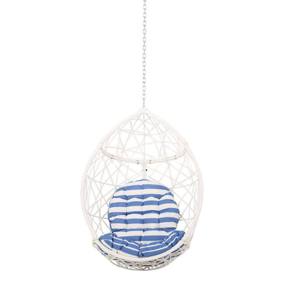 Benjara Kiwi Hanging Basket Chair w Chain, Egg Shape, Rattan Weaving, White