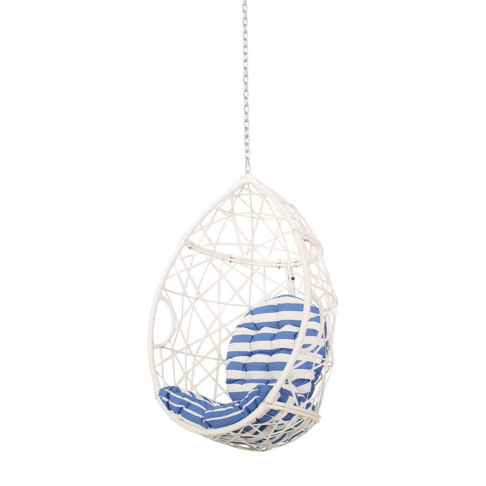 Benjara Kiwi Hanging Basket Chair w Chain, Egg Shape, Rattan Weaving, White