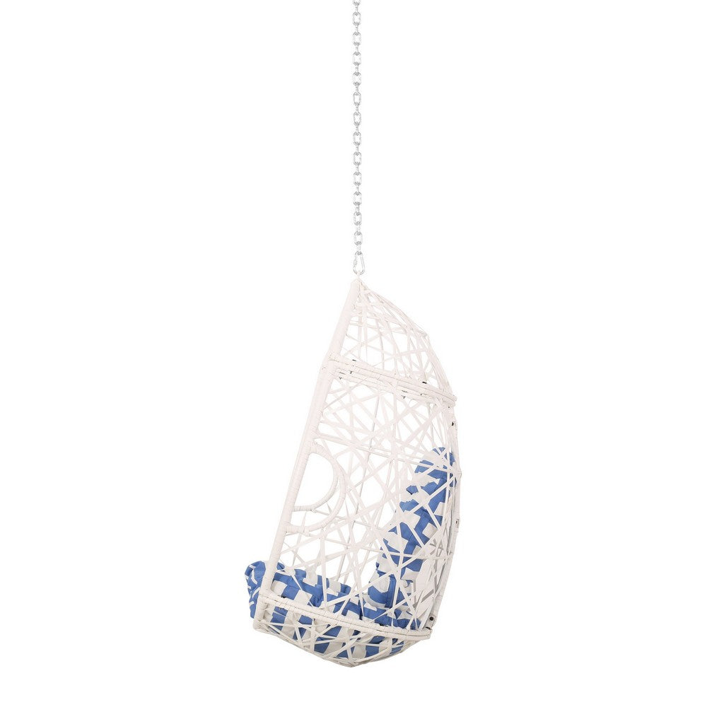 Benjara Kiwi Hanging Basket Chair w Chain, Egg Shape, Rattan Weaving, White