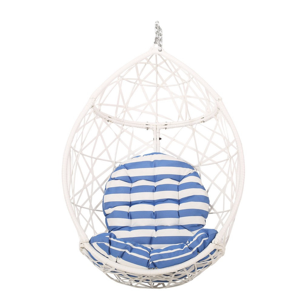 Benjara Tubo Hanging Basket Chair, Egg Shape, Rattan Woven, White