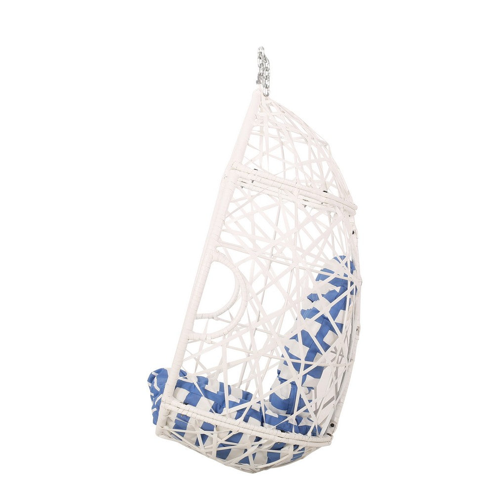Benjara Tubo Hanging Basket Chair, Egg Shape, Rattan Woven, White