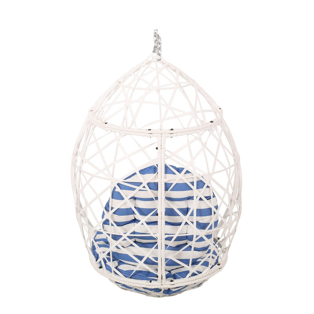 Benjara Tubo Hanging Basket Chair, Egg Shape, Rattan Woven, White