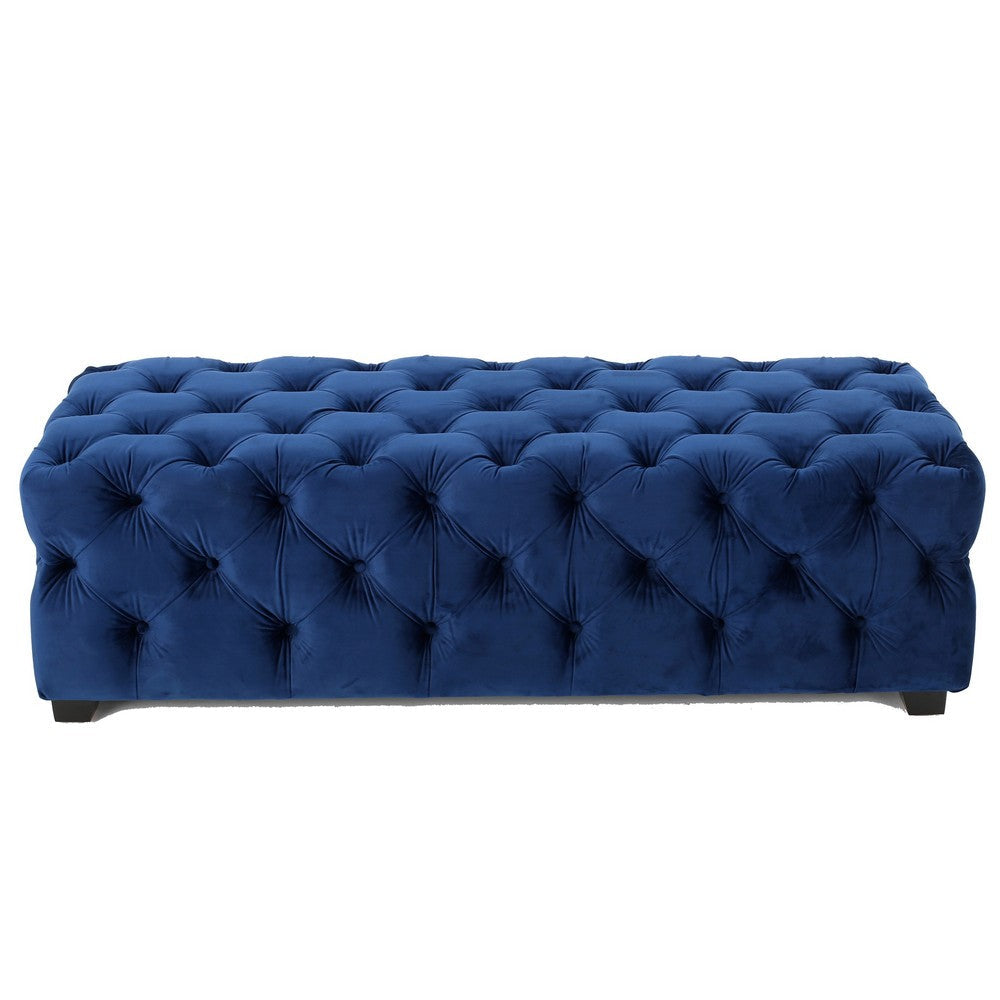 Benjara Puro Ottoman Bench, 51 Inch, Button Tufted, Plush Navy Blue Velvet