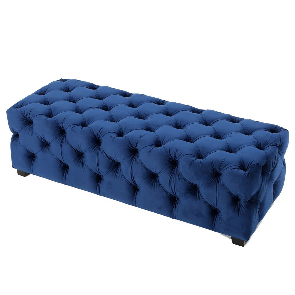 Benjara Puro Ottoman Bench, 51 Inch, Button Tufted, Plush Navy Blue Velvet