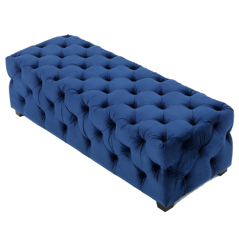 Benjara Puro Ottoman Bench, 51 Inch, Button Tufted, Plush Navy Blue Velvet