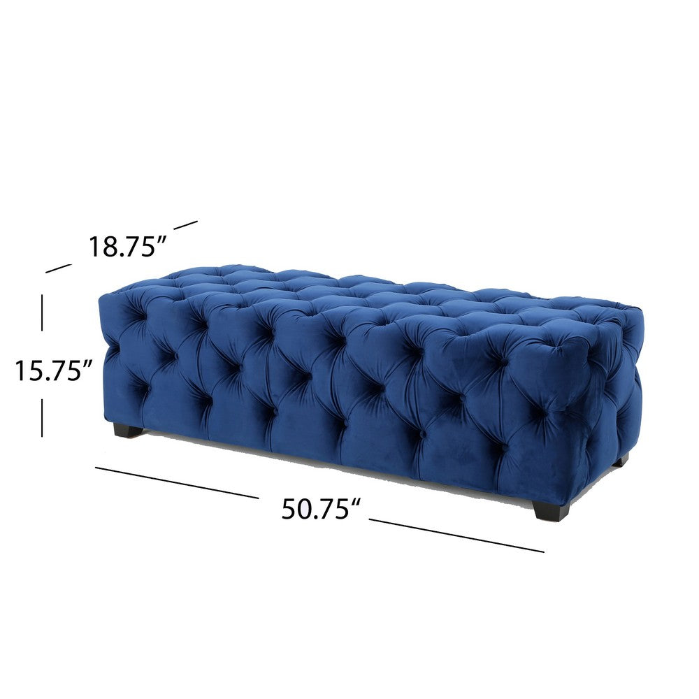 Benjara Puro Ottoman Bench, 51 Inch, Button Tufted, Plush Navy Blue Velvet