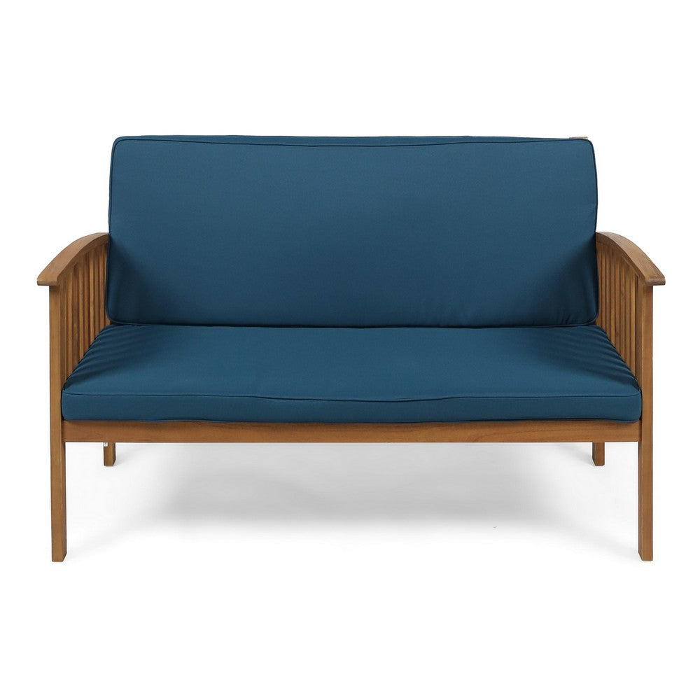 Benjara Gerry Outdoor Loveseat, Slat Panel Design, 53 Inch, Blue Cushions