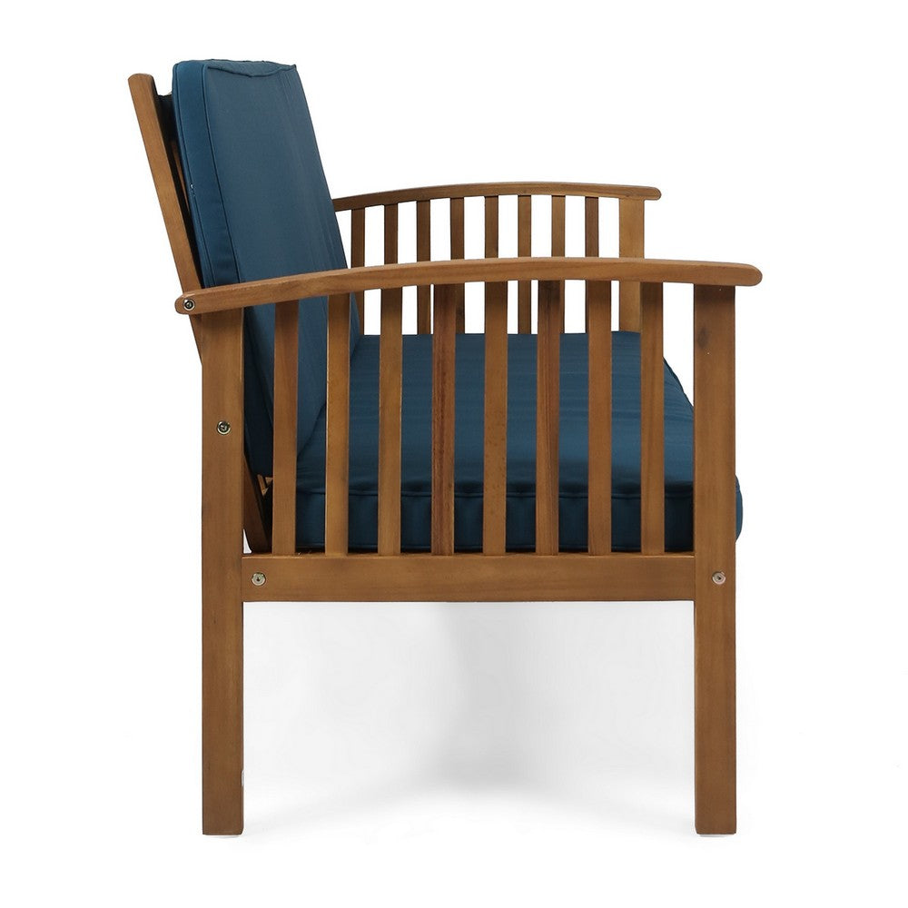 Benjara Gerry Outdoor Loveseat, Slat Panel Design, 53 Inch, Blue Cushions