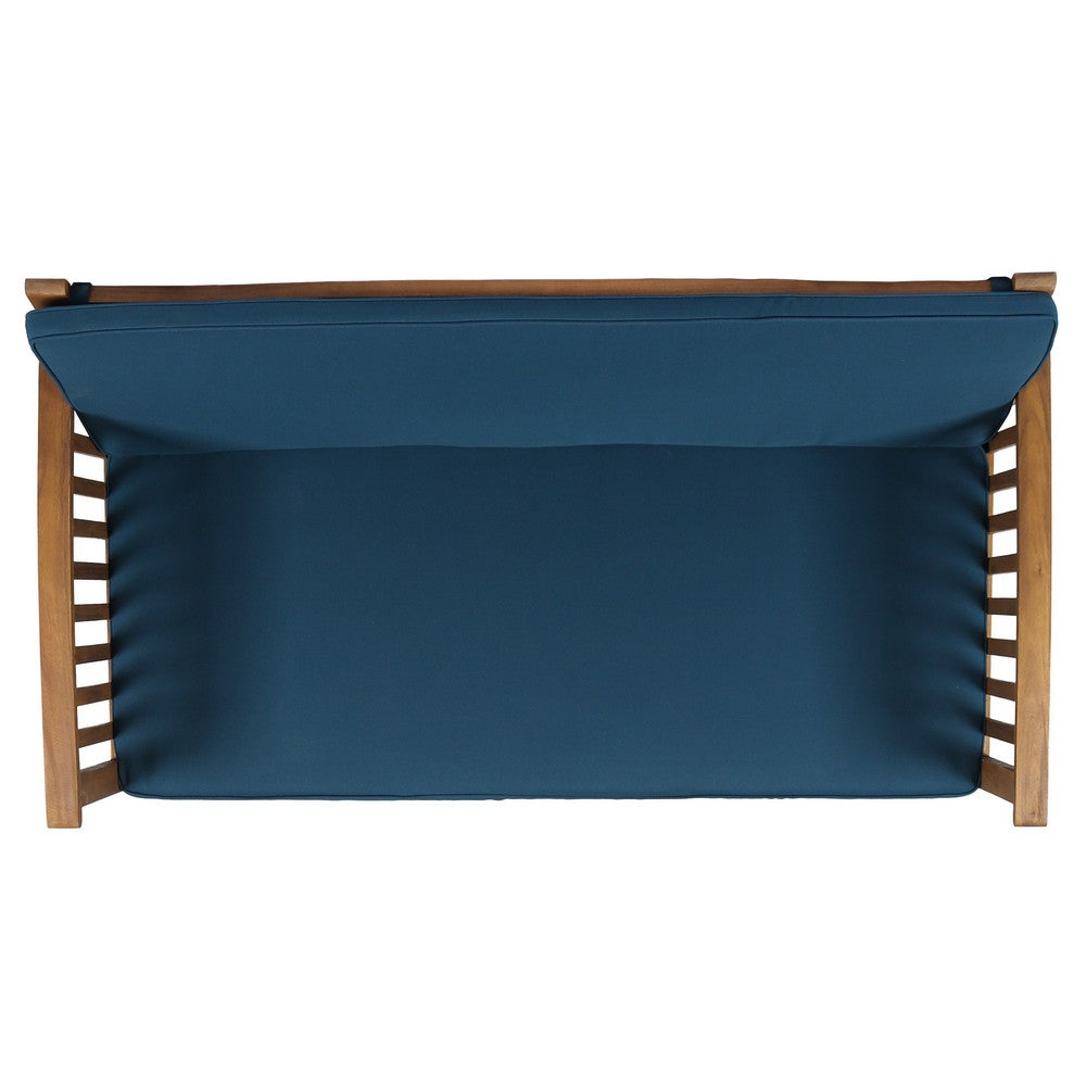 Benjara Gerry Outdoor Loveseat, Slat Panel Design, 53 Inch, Blue Cushions