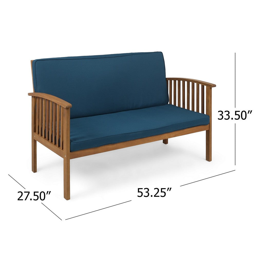 Benjara Gerry Outdoor Loveseat, Slat Panel Design, 53 Inch, Blue Cushions