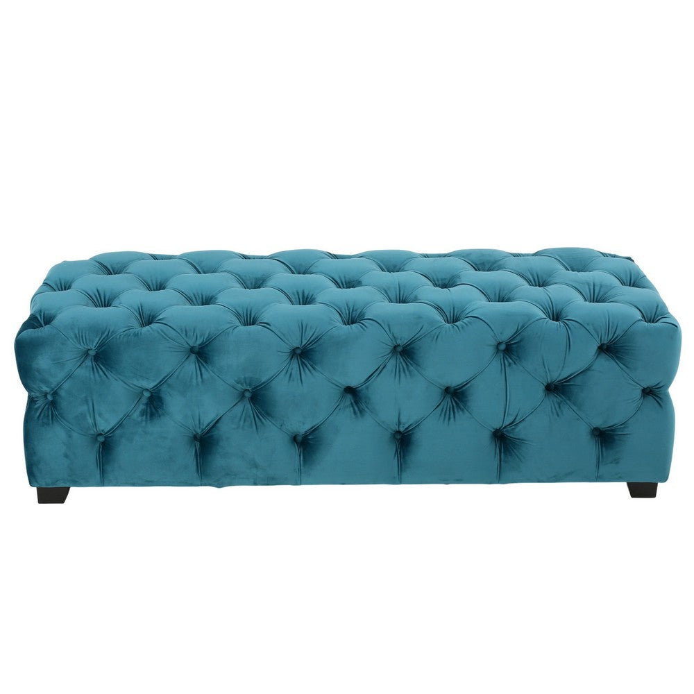 Benjara Puro Ottoman Bench, 51 Inch, Button Tufted, Plush Teal Blue Velvet