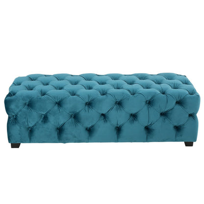 Benjara Puro Ottoman Bench, 51 Inch, Button Tufted, Plush Teal Blue Velvet