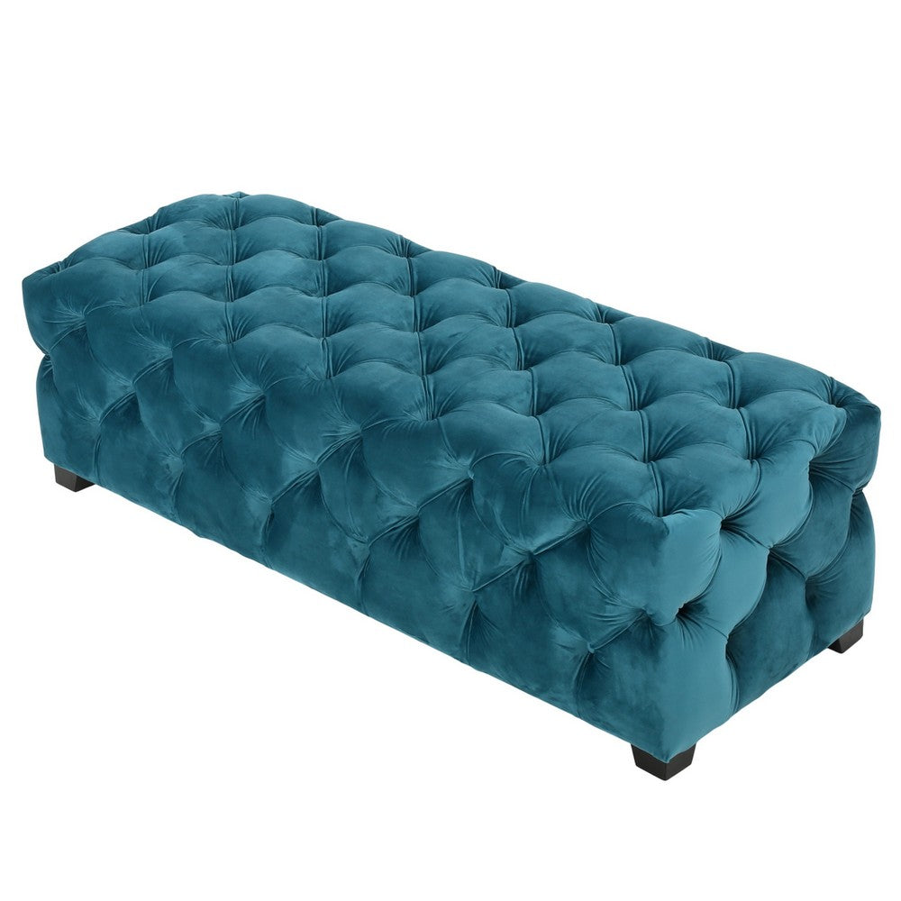 Benjara Puro Ottoman Bench, 51 Inch, Button Tufted, Plush Teal Blue Velvet