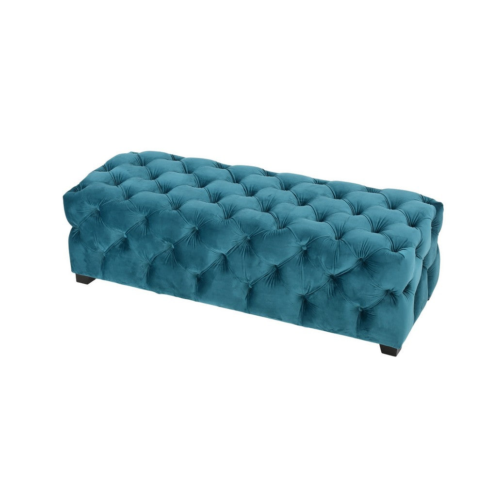 Benjara Puro Ottoman Bench, 51 Inch, Button Tufted, Plush Teal Blue Velvet