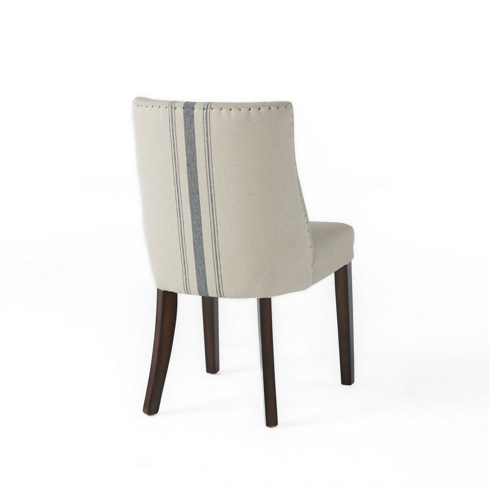 Benjara Dining Chair Set of 2, Nailhead Accents, Beige, Brown Rubberwood Legs