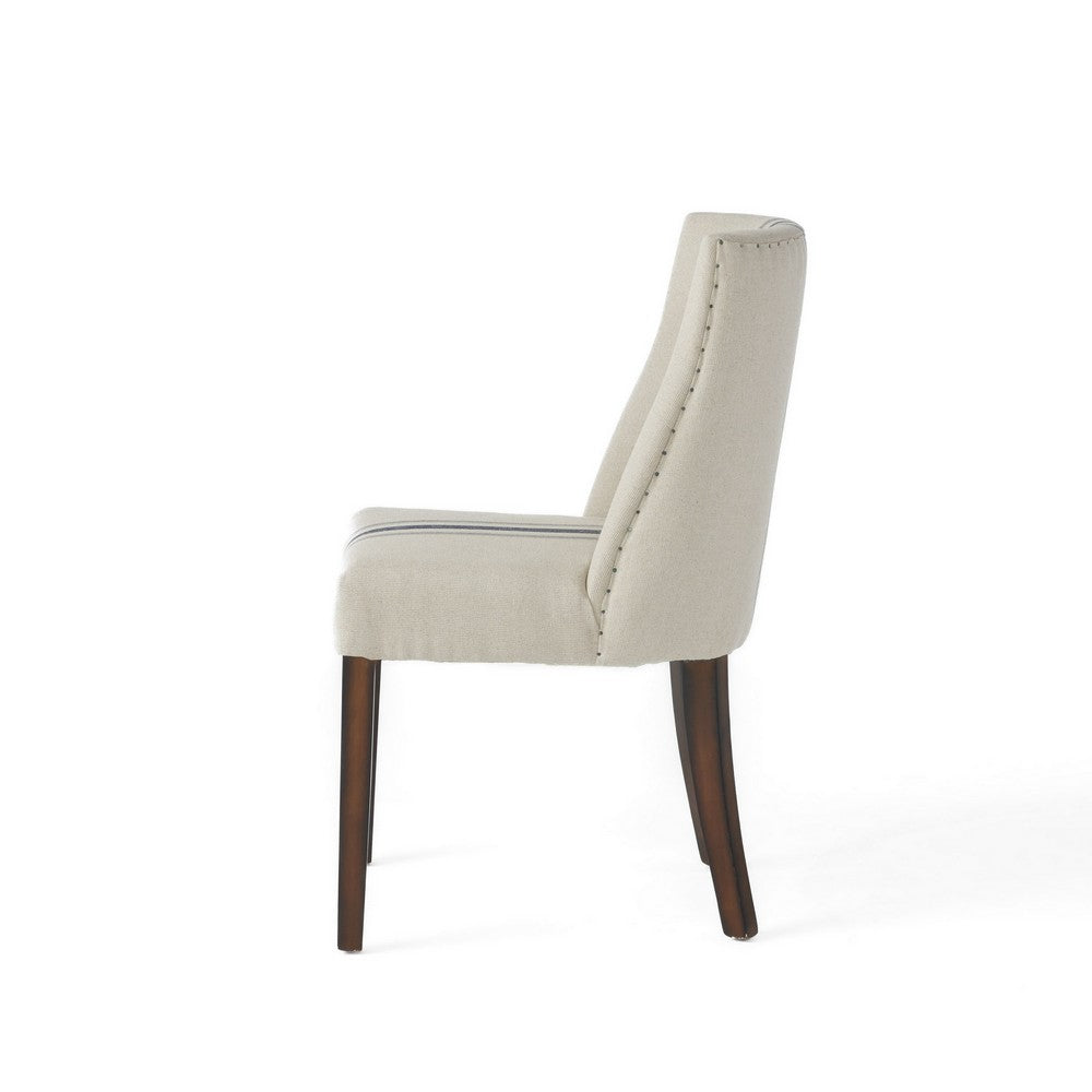 Benjara Dining Chair Set of 2, Nailhead Accents, Beige, Brown Rubberwood Legs