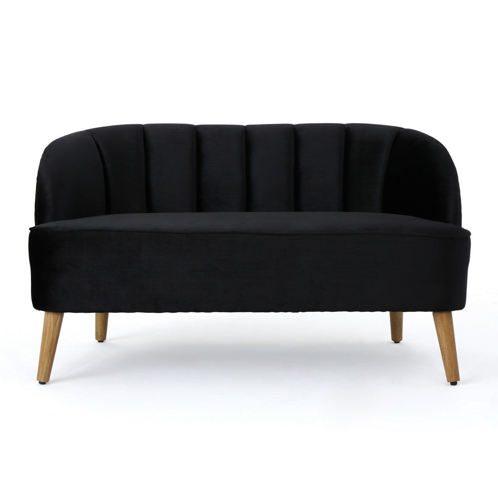 Benjara Loveseat, Channel Stitching, Tapered Wood Legs, 50 Inch, Black Velvet