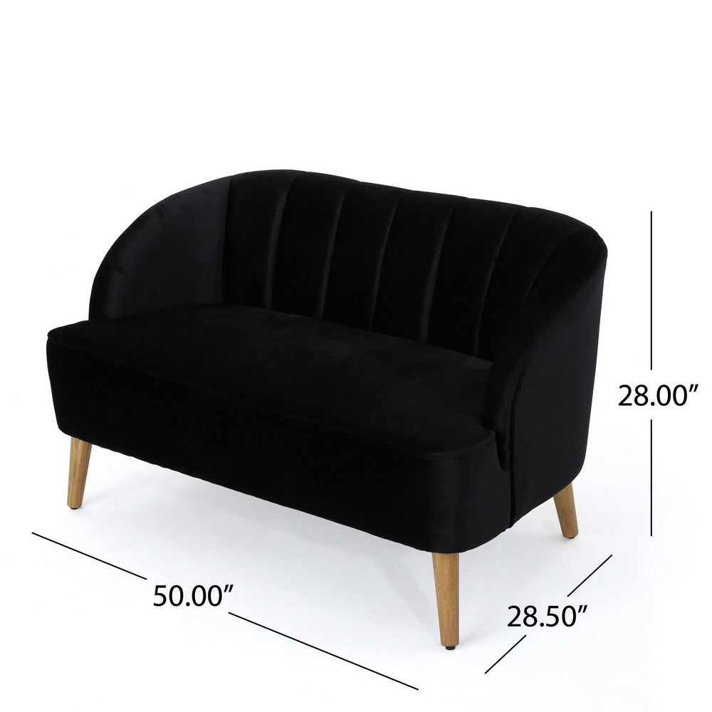 Benjara Loveseat, Channel Stitching, Tapered Wood Legs, 50 Inch, Black Velvet