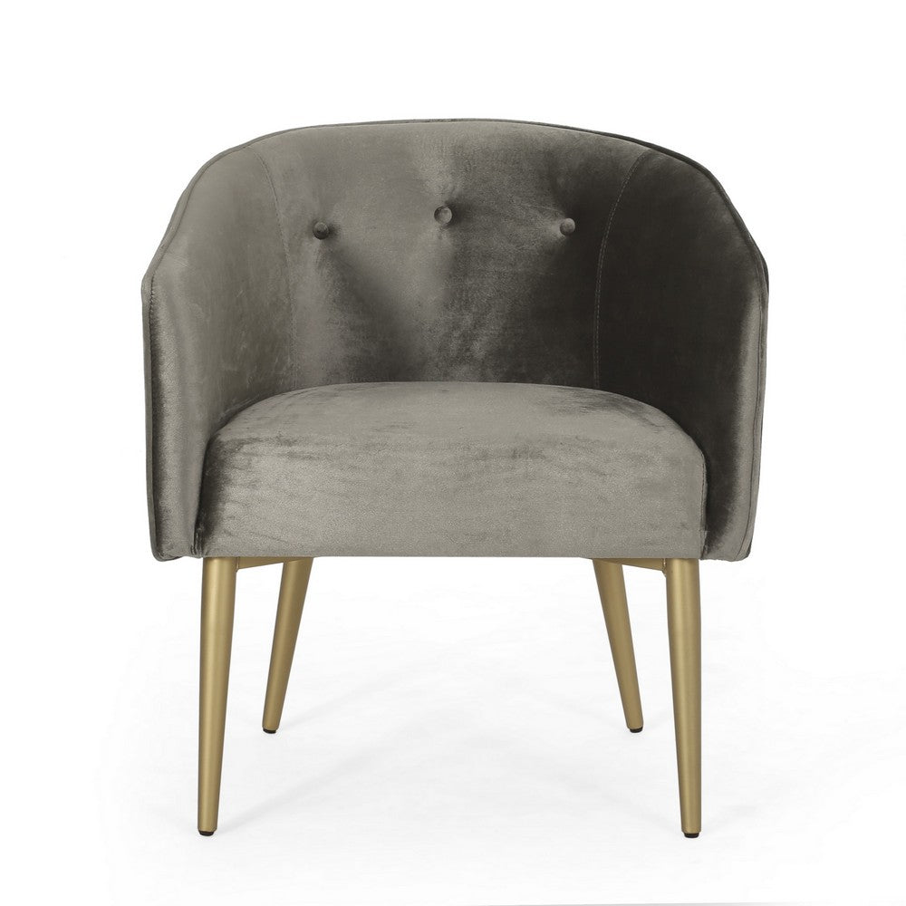 Benjara Dining Armchair, Round Button Tufted Backrest, Gray Velvet, Gold Legs
