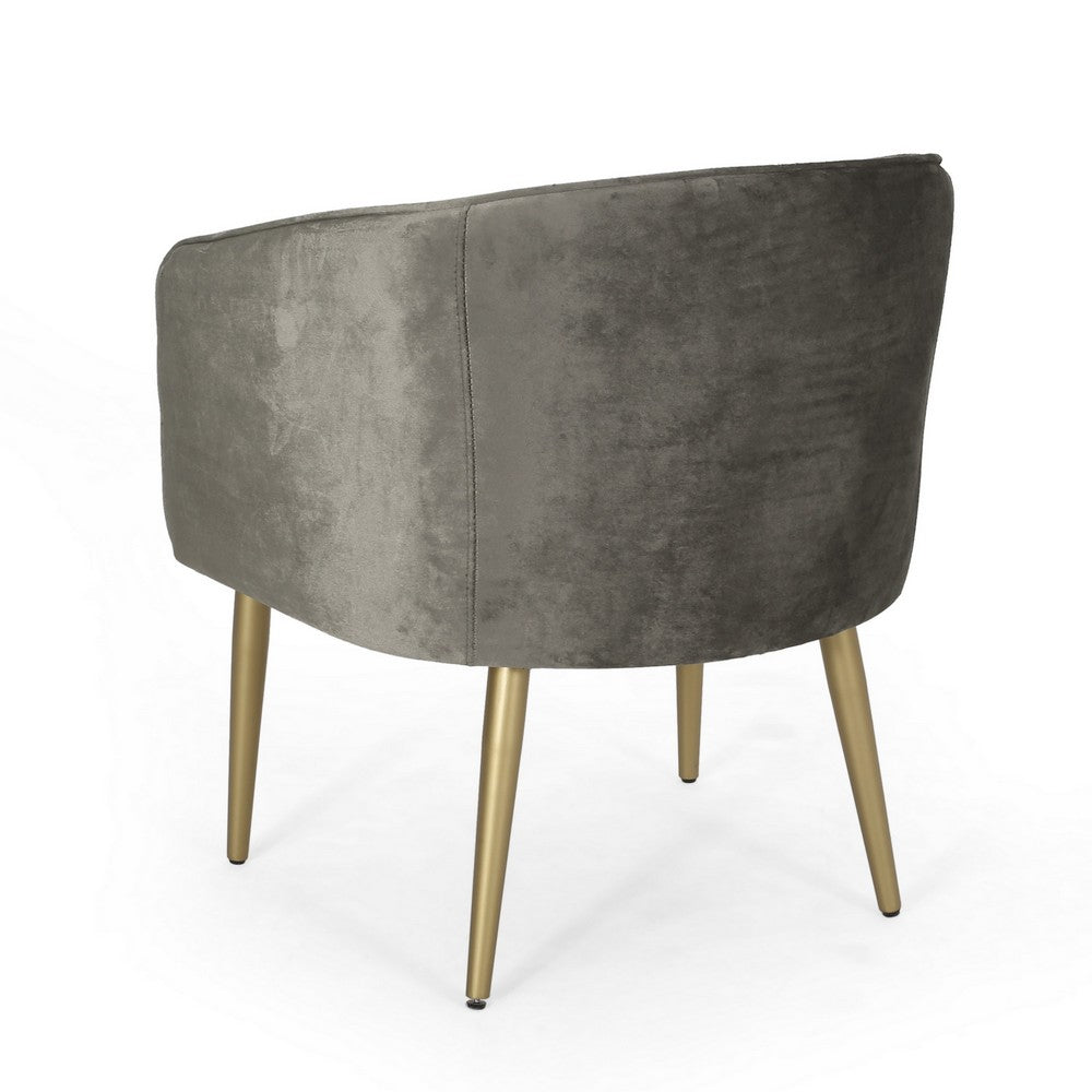 Benjara Dining Armchair, Round Button Tufted Backrest, Gray Velvet, Gold Legs