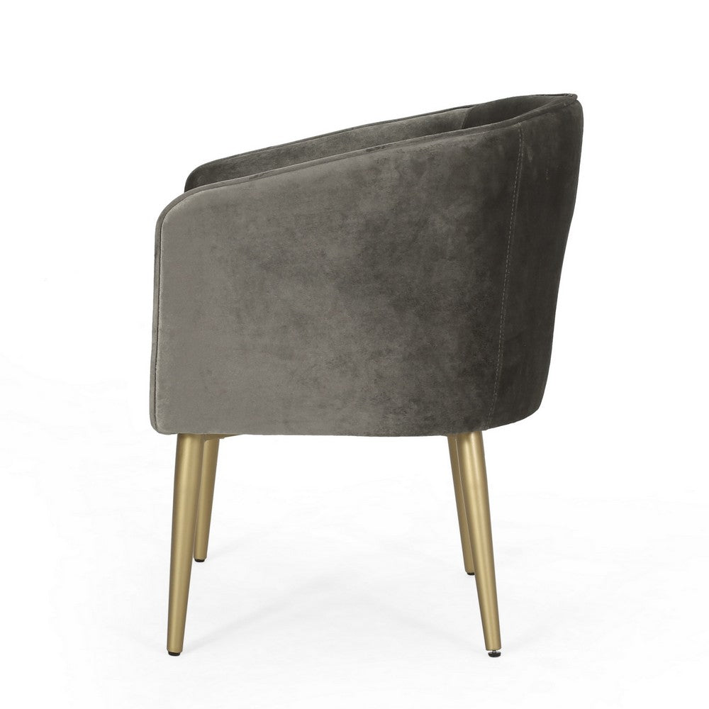 Benjara Dining Armchair, Round Button Tufted Backrest, Gray Velvet, Gold Legs