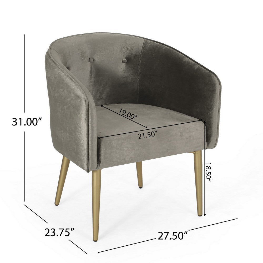 Benjara Dining Armchair, Round Button Tufted Backrest, Gray Velvet, Gold Legs