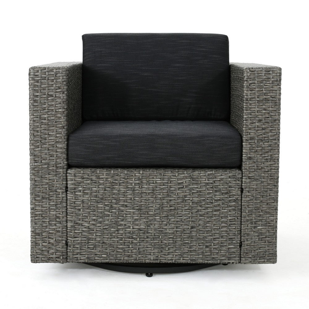 Benjara Perie Outdoor Swivel Chair, Black Fabric, Gray Wicker, Iron, 34 Inch