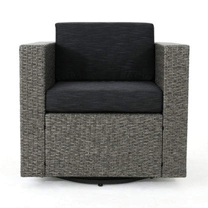 Benjara Perie Outdoor Swivel Chair, Black Fabric, Gray Wicker, Iron, 34 Inch