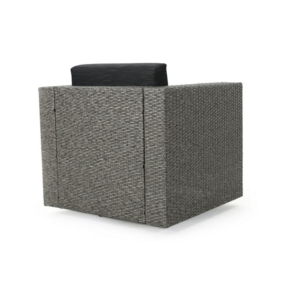 Benjara Perie Outdoor Swivel Chair, Black Fabric, Gray Wicker, Iron, 34 Inch