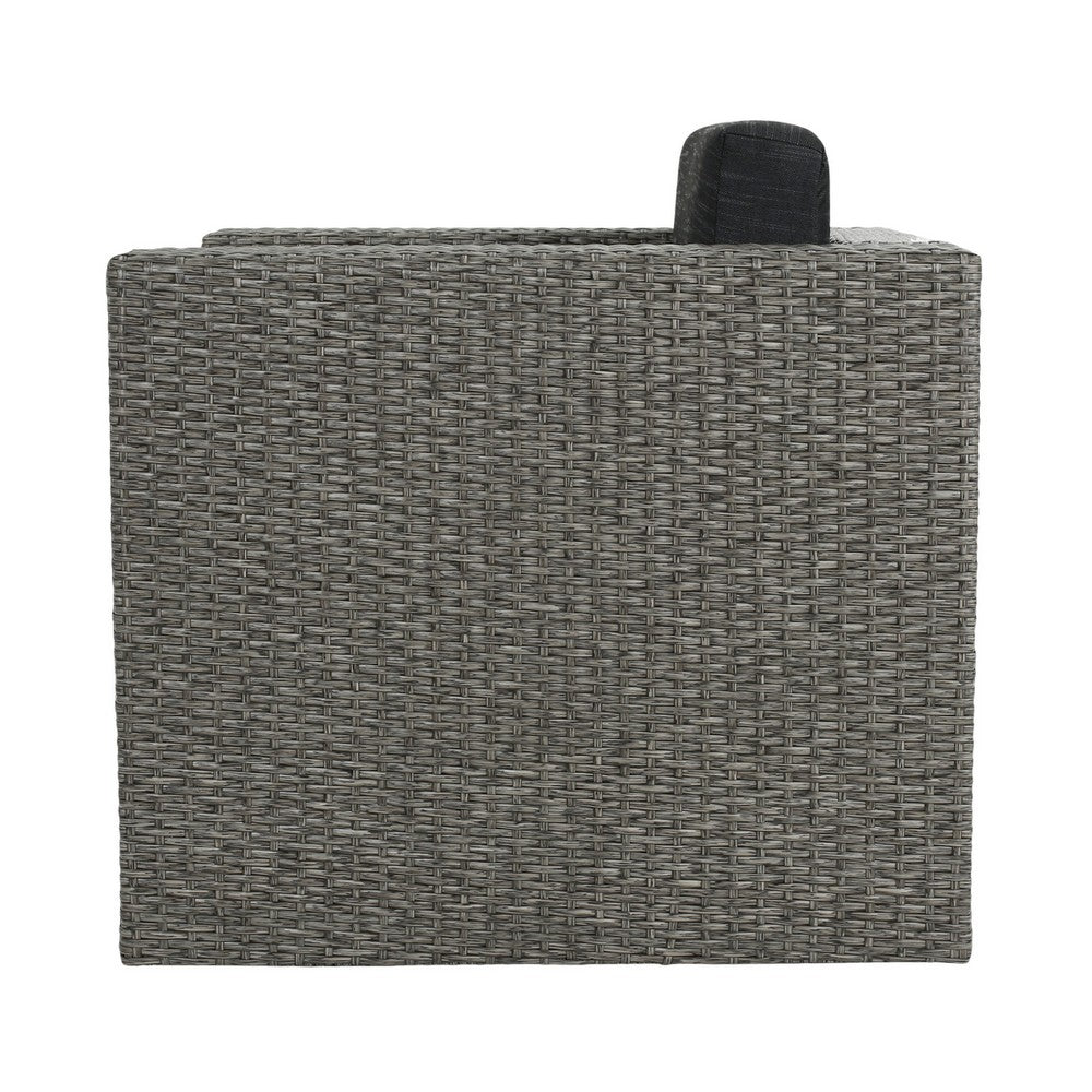 Benjara Perie Outdoor Swivel Chair, Black Fabric, Gray Wicker, Iron, 34 Inch