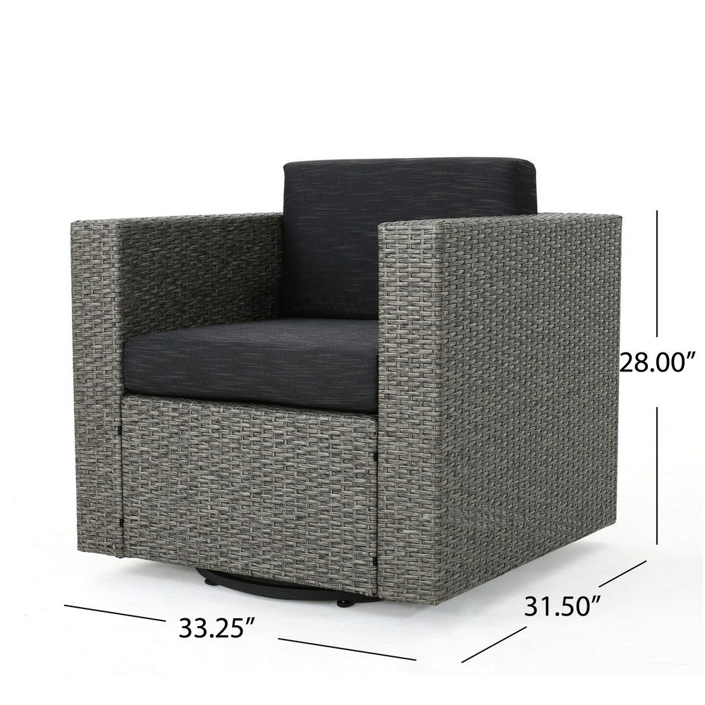 Benjara Perie Outdoor Swivel Chair, Black Fabric, Gray Wicker, Iron, 34 Inch